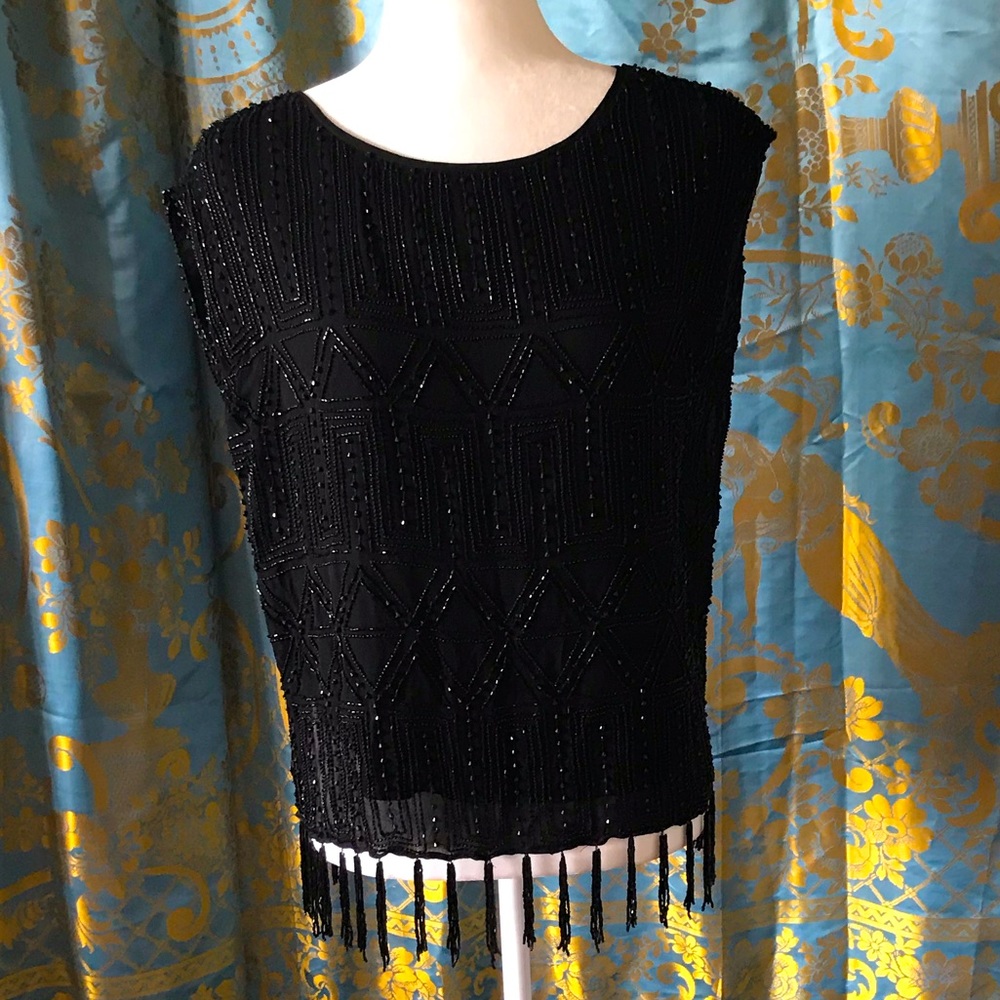 Stunning Joie art deco black tassel beaded top